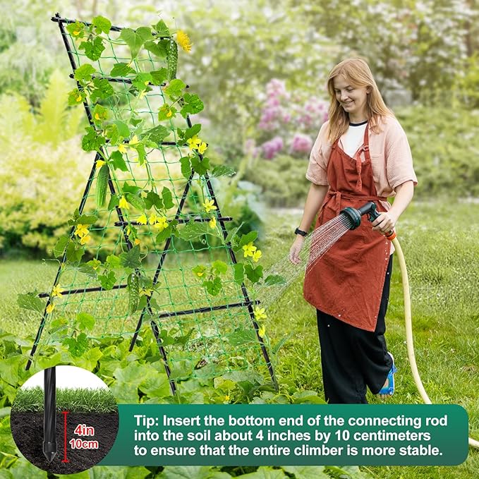 Cucumber Trellis for Raised Bed, 6ft Metal A-Frame Garden Trellis for Climbing Plants Outdoor Support Vine Fruits Grape Vegetable Squash Tomato Pea Bean Trellis, with Netting, Black