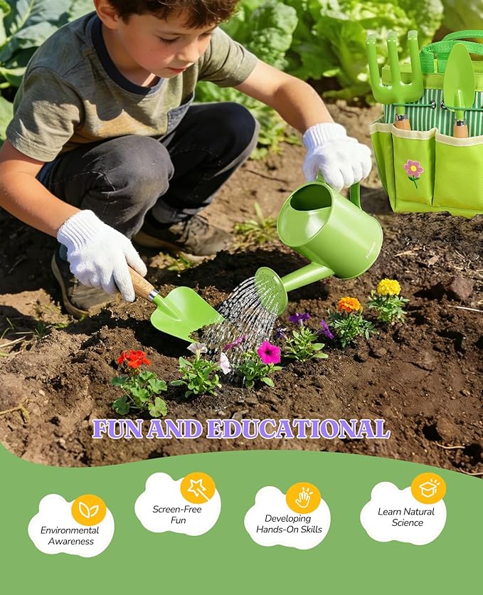 8Pcs Kids Gardening Set with Metal Basket & Real Metal Tools, STEM Outdoor Kit, Ergonomic Wooden Handles, 3 Shovels, Rake, Watering Can, Gloves, Gift for Toddler Boys Girls, Green