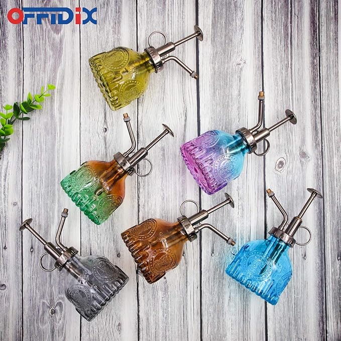 OFFIDIX Glass Plant Mister Spray Bottle, Mini Vintage Spritzer, Indoor/Outdoor Watering Can with Bronze Plastic Top Pump