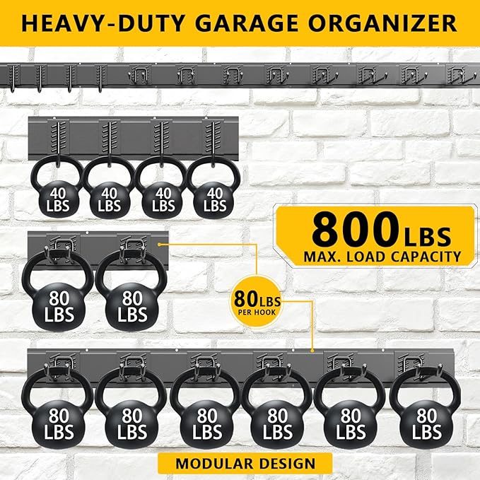 Garage Tool Organizer Wall Mount, 64inch Heavy-Duty Garage Storage System and Garden Tool Organizer with 12 Adjustable Hooks for Shovel, Snowboard, Yard Tools and Shed