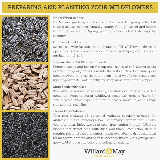 Willard & May South Central All Perennial Wildflower Seed Mix, 500,000+ Flower Seeds, 18 Varieties, Heat and Drought Tolerant, Pollinator Friendly, Plant in Spring or Fall (1 Pound)