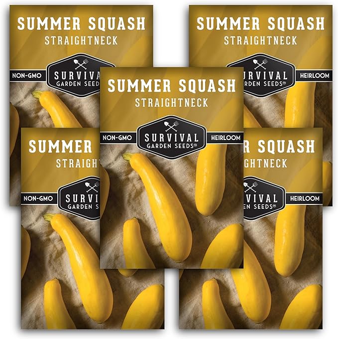 Survival Garden Seeds - Straightneck Summer Squash Seed for Planting - 5 Packets with Instructions to Plant and Grow Yellow Squash in Your Home Vegetable Garden - Non-GMO Heirloom Variety