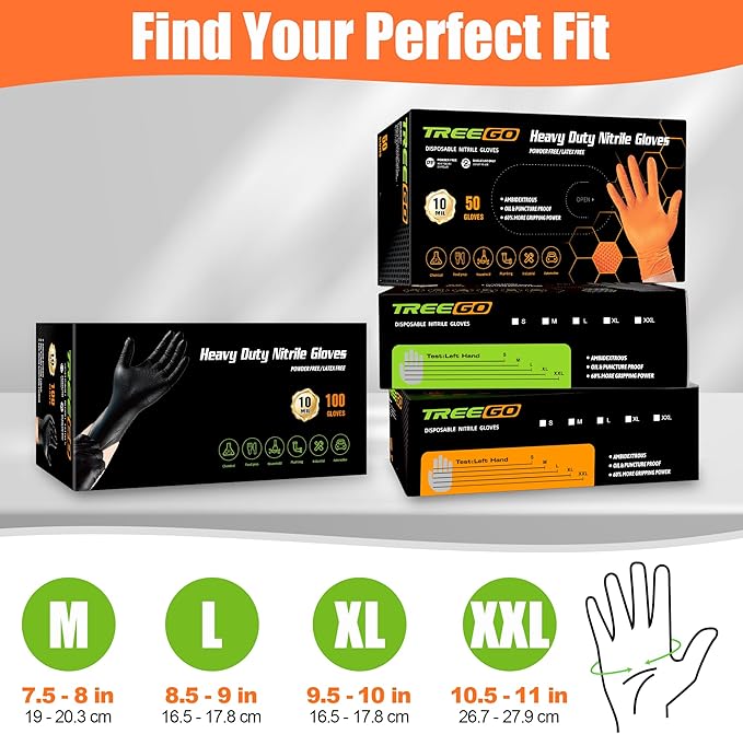 TREEGO Heavy Duty Orange Nitrile Gloves 10 Mil Disposable Rubber Work Gloves - Double Diamond Grip, Mechanic Rubber Gloves for Automotive & Industrial Use, Latex Free, 100 Count Medium
