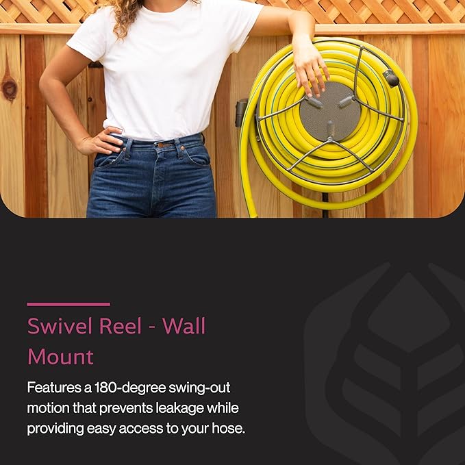 Yard Butler Wall Mounted Swivel Hose Reel, 180°, 100ft - Leakproof Hose Storage Solution - Durable Powder Coated Steel Construction - Rust Resistant Outdoor Watering Accessory - Tangle-Free Operation