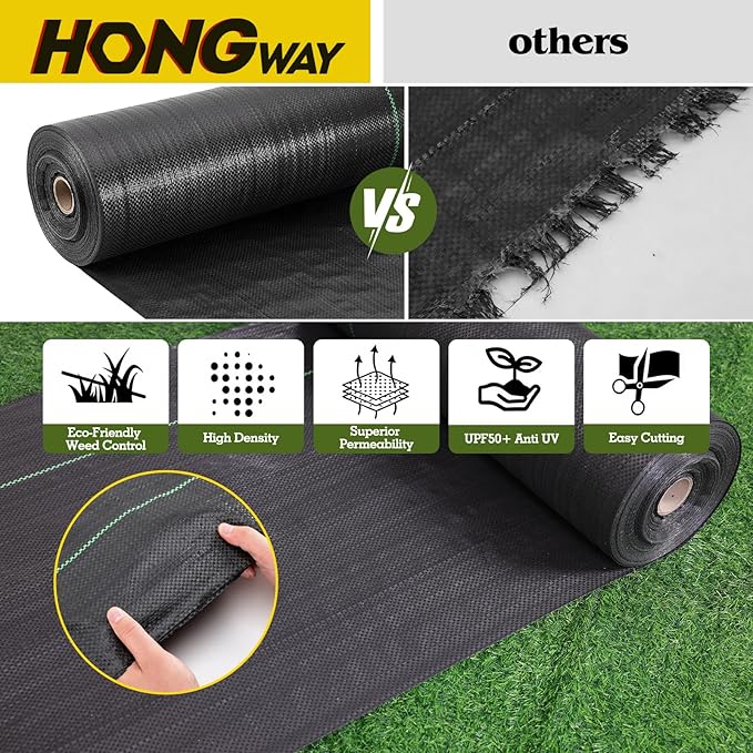 HongWay 6FT x 100FT Weed Barrier Landscape Fabric, Weed Control Weed Blocker Fabric Heavy Duty with 40 U-Shaped Stakes, Ground Garden Bed Cover Woven Geotextile Fabric for Underlayment, Driveway