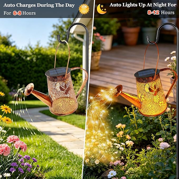 VOOKRY Solar Lights Outdoor Decoration, Large Retro Hanging Metal Solar Watering Can Lights Waterproof Hummingbird Garden Decor Outside for Yard Lawn Patio Porch, Gifts for Women Mom Mother's Day