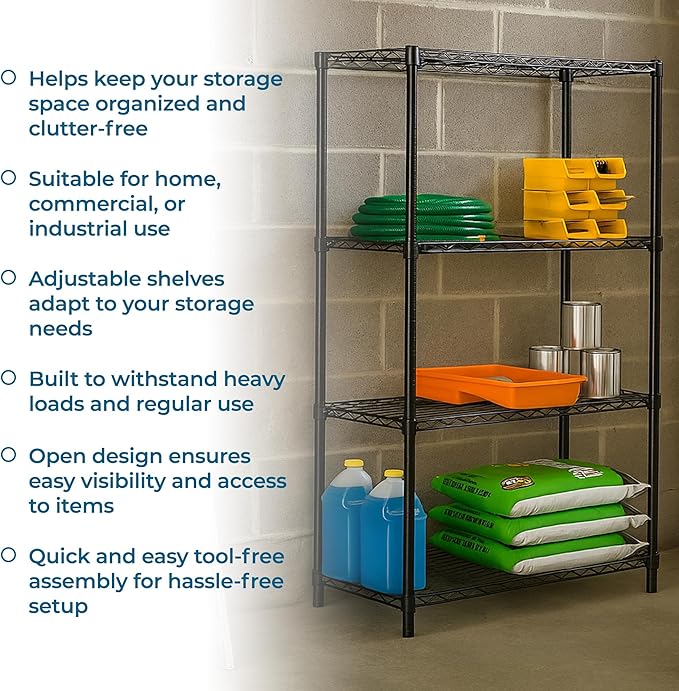 Honey-Can-Do 4-Tier Heavy Duty Adjustable Shelving Unit, 250-lb Per Shelf Metal Storage Rack, Wire Shelf for Garage Kitchen Office Pantry, Black, 36 x 14 x 54 in