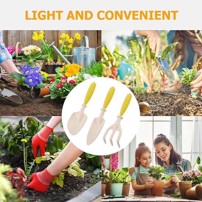 Garden Shovel and Rake Hand Tool Set for Flower Planting, Small Plastic Gardening Trowel with Cultivator, 3pcs Kit for Soil Digging and Plant Care