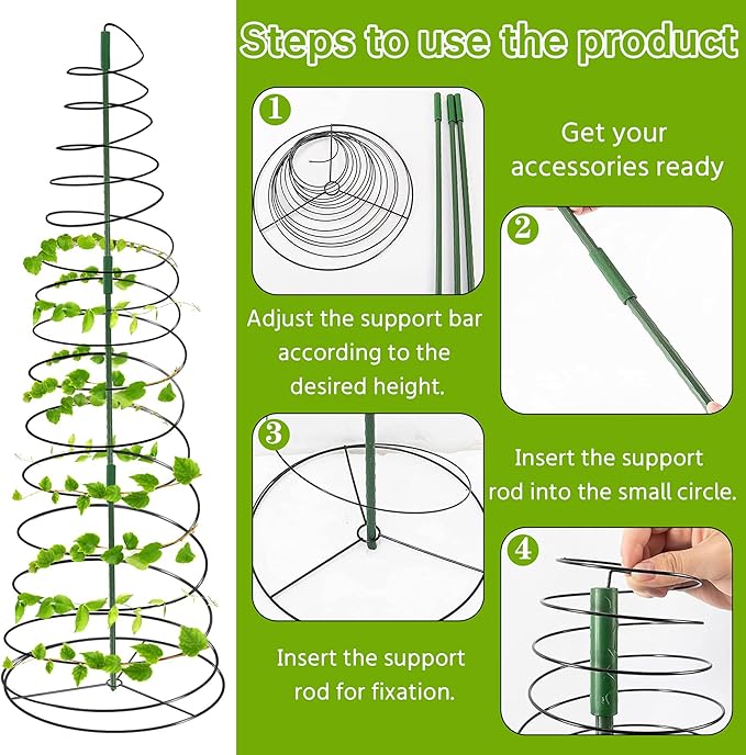 WNJ 3-Pack Pea Trellis Green Bean Trellis for Garden, Sugar Snap Tower with Pole, Stretchable to 53.6 Inch, Metal Climbing Plant Grow Cage Stand for Cucumber Vine Vegetables Indoor Outdoor