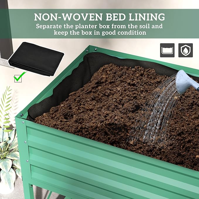 Outsunny Raised Garden Bed with Galvanized Steel Frame, Storage Shelf and Bed Liner, Elevated Planter Box with Legs for Vegetables, Flowers, Herbs, Green