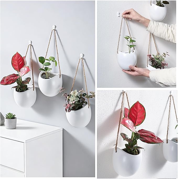 Set of 3 Ceramic Wall Hanging Pocket Planters for Small Plants & Artificial Greenery, Wall Decor for Bathroom Living Room Kitchen Bedroom Corridor Office