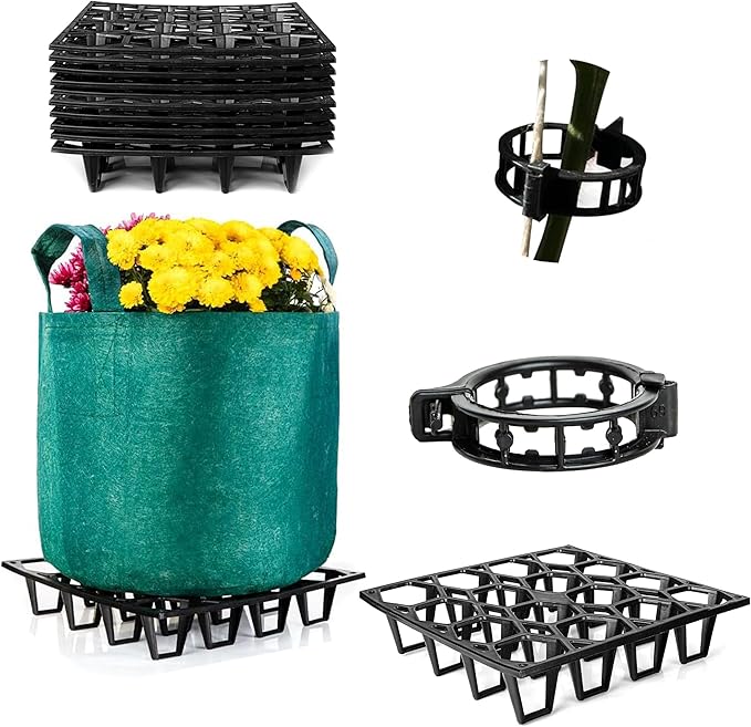 Plant Riser – Modular Pot Spacer for Grow Bags, Planters & Containers – UV-Resistant Drainage Tray for Airflow, Root Health & Cleaner Surfaces (Standard Black W/ 100 clips, 10 Pack)