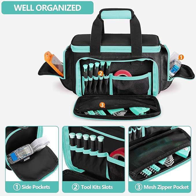 Tool Tote Bag for Women, Tool Storage Organizer with Anti-friction Bottom, Tactical Range Bag for Electrician, Carpenters, Repairman, Turquoise