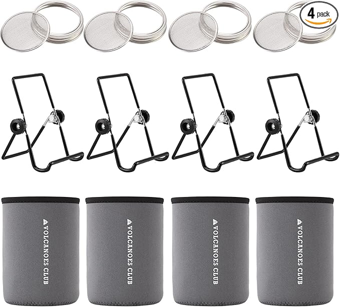 Seed Sprouting Jar Germination Kit Accessories - Blackout Sleeves/Jar Stands/Sprout Lids for Wide Mouth Mason Jar - for Growing Alfalfa, Broccoli, Bean Sprouts, Microgreens (4 Pack)