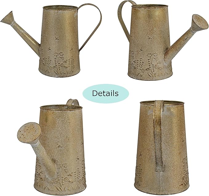 Vintage Metal Watering Can with Floral Embossed Design Garden Distressed Gold Decorative Watering Pot Planter Farmhouse Waterer for Home Indoor Outdoor Garden Balcony Courtyard
