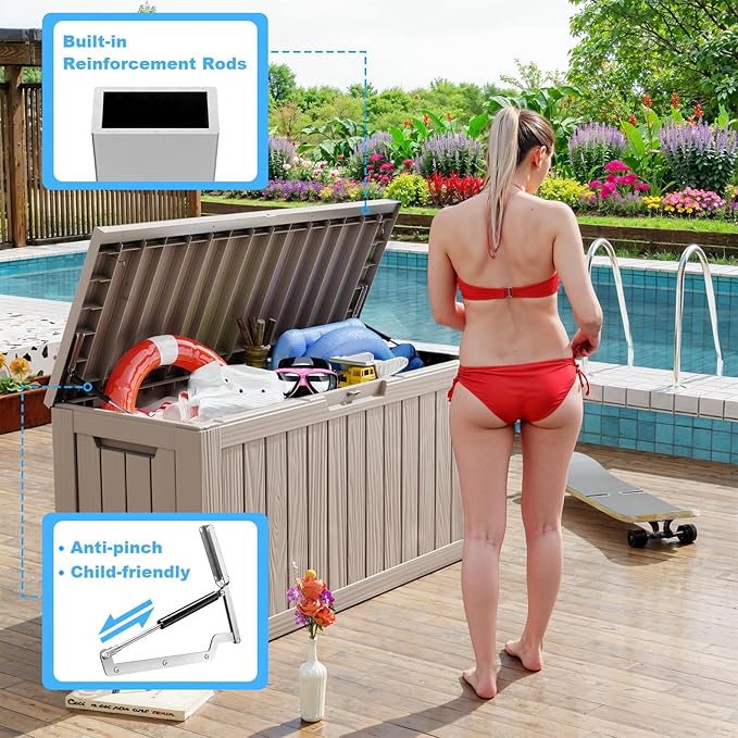 Vixzen 80 Gallon Resin Deck Box, Lockable Outdoor Storage Box for Patio Cushions Storage Furniture,Garden Tools, Pool Supplies, Weatherproof and UV Resistant（Grey，80 Gallon）
