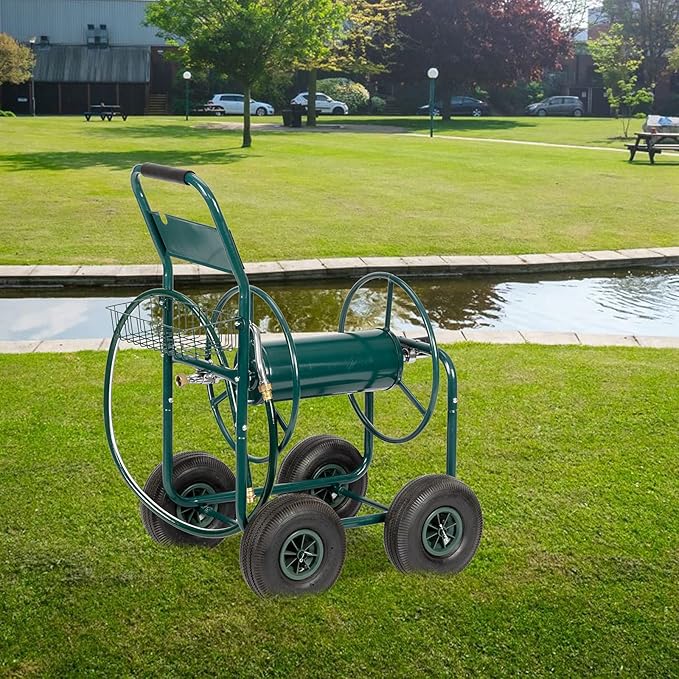 VINGLI 4-Wheel Garden Hose Reel Cart with Storage Basket, Portable Residential Hose Reel Cart, Lawn Watering, for Garden Backyard and Farm (Green)
