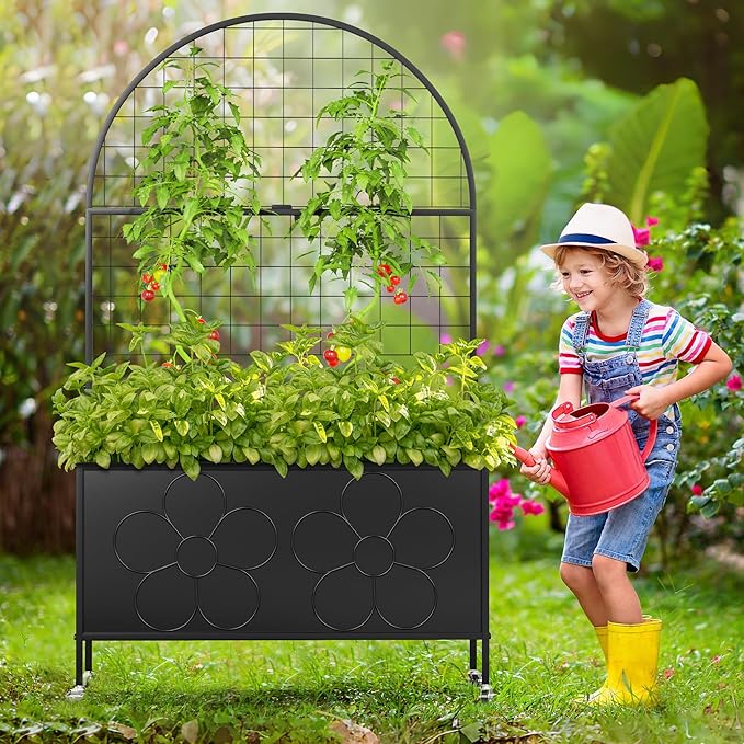 Metal Planter Box with Trellis 64'' Tall Outdoor Raised Garden Bed with Trellis for Climbing Plants Vine Privacy Planter for Yard Garden