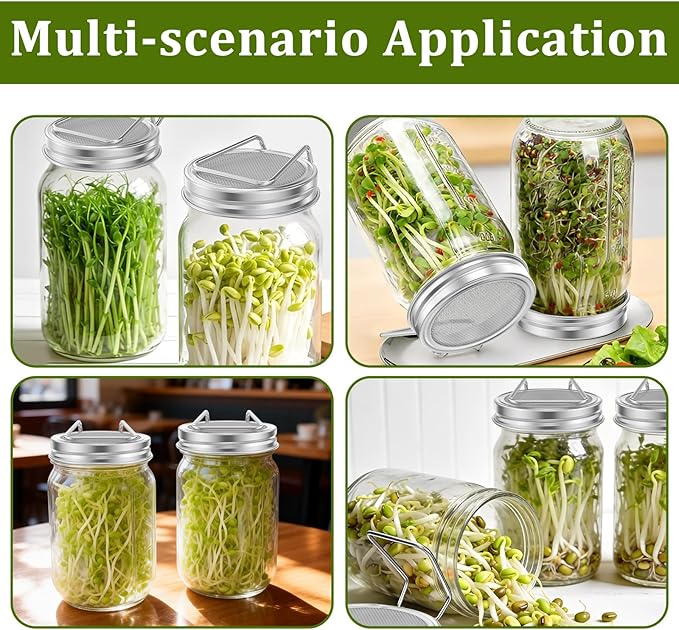 2Pcs Sprouting Lids for Wide Mouth Mason Jars, Reusable Stainless Steel Screen Bean Sprouting Jar Lids, Sprout Growing Lid for Organic Alfalfa Broccoli Seeds Mung Bean, Plant Germination Kits