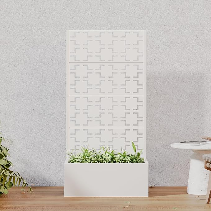 Casaphoria Metal Raised Garden Bed with Trellis, 59"x30"x12" Planter Box for Climbing Plants, Vegetables & Vines, Features Drainage Holes and Privacy Screen, White-Square
