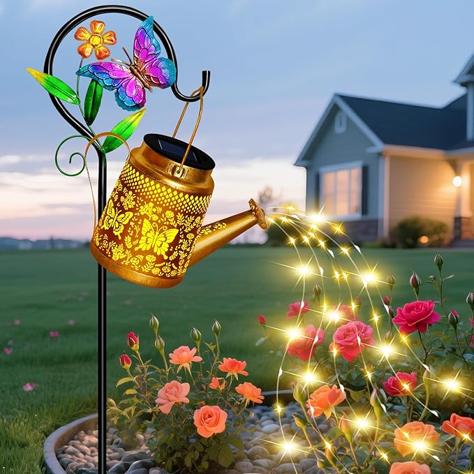 Mothers Day Gifts, Solar Watering Can Lights Outdoor Garden Decor, Large Butterfly Hanging Lantern with Shepherd Hook, Waterproof Garden Lights for Outdoor Landscape Pathway Yard, Mom Grandma Gifts
