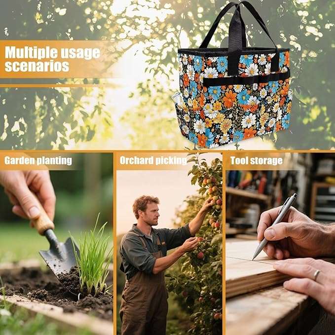 Hippie Flower Garden Tool Bag Portable Gardening Tool Organizer Bag with 10 Pockets and Handle Tool Carrier and Storage for Garden Lawn Yard Casual Camp