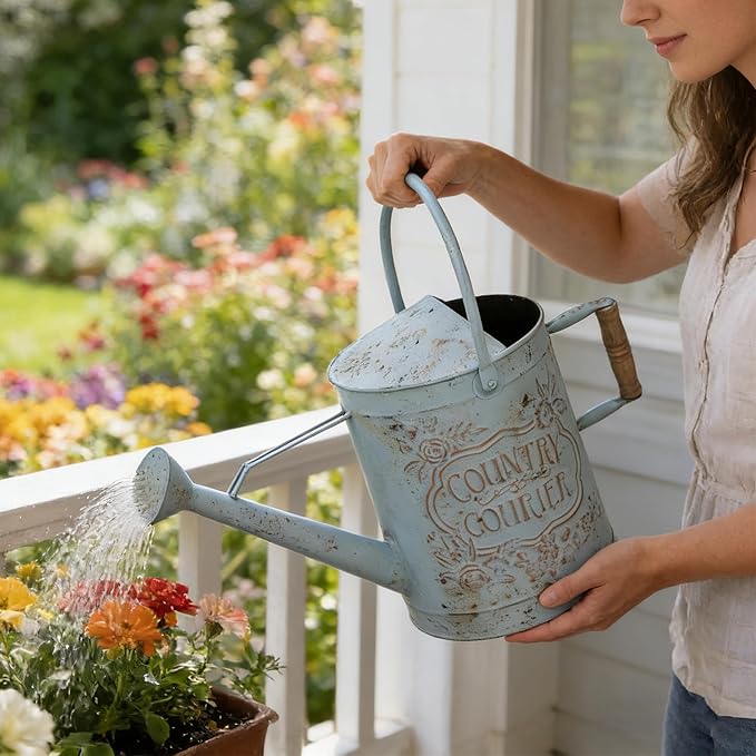 Vintage Metal Watering Can with Country Corner Floral Emboss & Wooden Handle Garden Distressed Blue Decorative Watering Pot Farmhouse Waterer for Home Garden Balcony Courtyard 2 Gallon