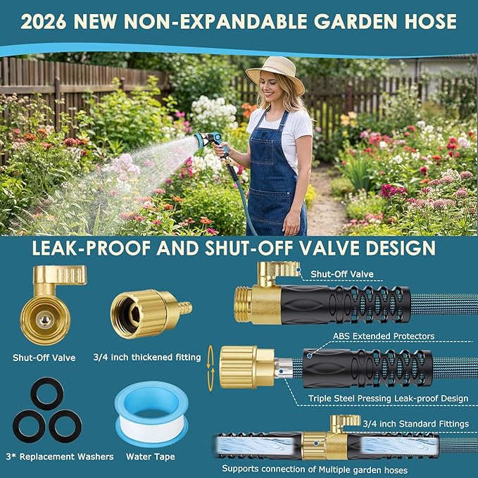 Garden Hose 100 ft Non-Expandable - Ultra Lightweight Super Flexible & Kink-Free Water Hose with Shut-Off Valve, 10-Pattern Nozzle & Holder, Leakproof Heavy Duty Hose for Yard Outdoor, Blue