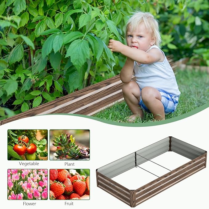 3 in 1 Galvanized Raised Garden Bed with 87" H Arch Trellis for Climbing Plants, Outdoor Gardening Planter Box with Climbing Net for Flower Vegetables Fruits Herbs, Wood Grain