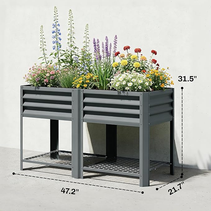 Outsunny Galvanized Steel Raised Garden Bed with Storage Shelf and Bed Liner, Elevated Planter Box with Legs for Flowers, Vegetables, and Herbs, for Outdoor Patio Yard, Glove Included, Dark Gray