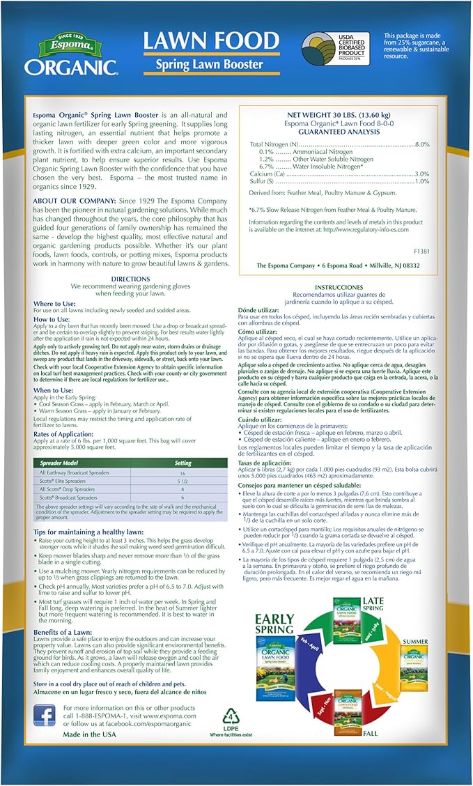 Espoma Organic Spring Lawn Booster 8-0-0 Natural & Organic Lawn Fertilizer. Long Lasting Slow-Release Nitrogen Enhanced with Calcium. 30 lb. Bag Covers up to 5,000 Sq. Ft.
