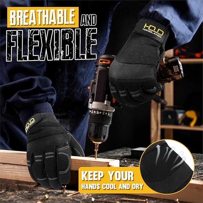 HANDLANDY Work Gloves for Men & Women, Utility Mechanic Working Gloves Touch Screen, Flexible Gardening Gloves for Yard
