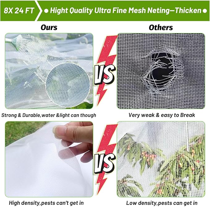 Cludoo Garden Mesh Netting Kit,8x24 ft Plant Covers Garden Netting with 6 Sets Garden Hoops & 18 Clips, Garden Protection for Raised Beds Greenhouse Vegetable Plants Flowers Animals Birds