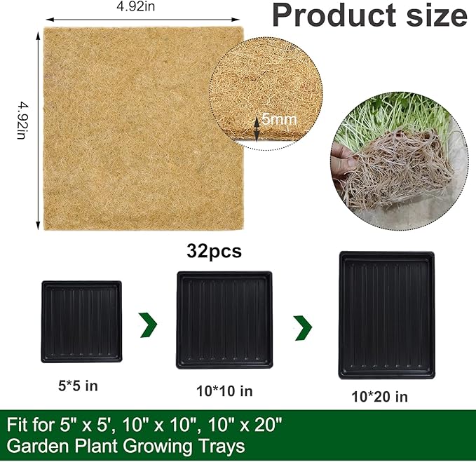 32 PCS Microgreen Mats, 5" X 5" Plant Grow Mat Hydroponic Grow Pads Microgreens Sprouting Mats Microgreens Kit for 1020 Germination Trays Wheatgrass Sprouts