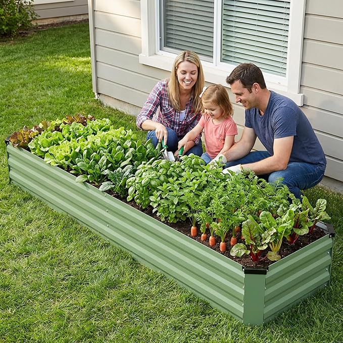 INNO STAGE Galvanized Raised Garden Bed Kits, 8x2x1ft Metal Raised Garden Beds Outdoor, Large Steel Raised Planter Bed with Gloves for Vegetables & Flowers Patio Ground Planter Box(Olive Green, 2PCS)