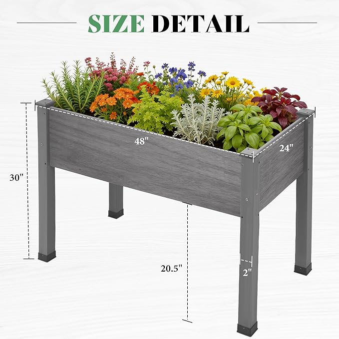 AMERLIFE Raised Garden Bed, 48x30x24 Inches Elevated Wood Planter Box with Bed Liner, Legs, Divider, Drainage Holes, Stand for Backyard, Patio, 200 Lb Capacity - Grey