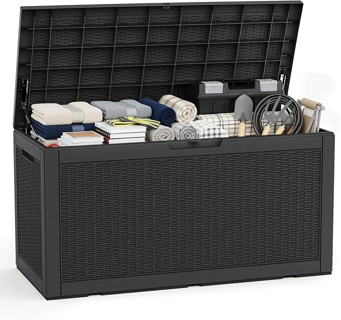 EasyUp 120 Gallon Waterproof Deck Box, Lockable Resin Outdoor Storage Box, Durable Storage Bin with Reinforced Hydraulic Rod for Patio Furniture, Garden Tools, Pool Accessories, Indoor Cushion, Black