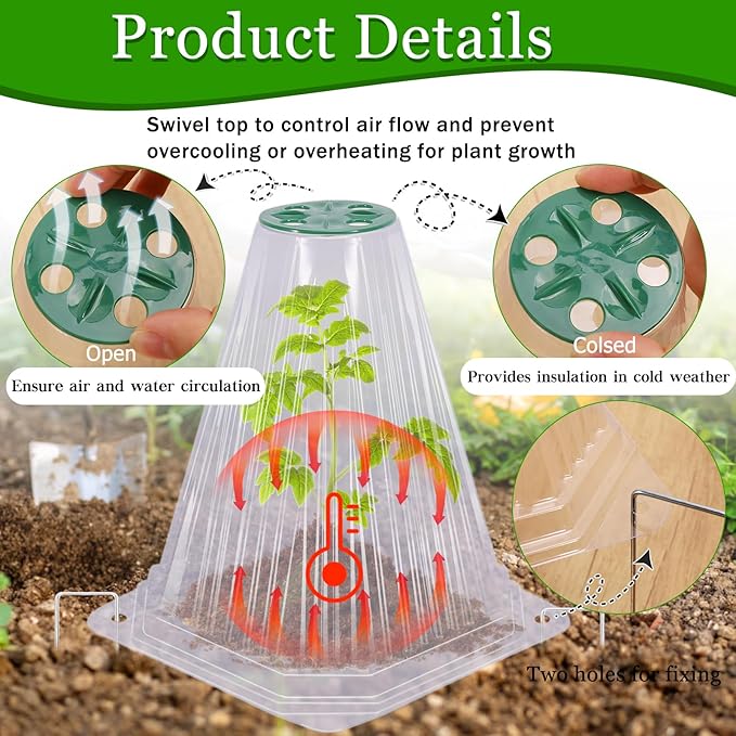 20 Pack Garden Cloches for Plants with 40PCS Ground Stakes,Clear Reusable Bell Covers with Rotatable Vent for Plant Protection,Garden Protector from Animals Birds Chicken,7.9" H X 6.7" D