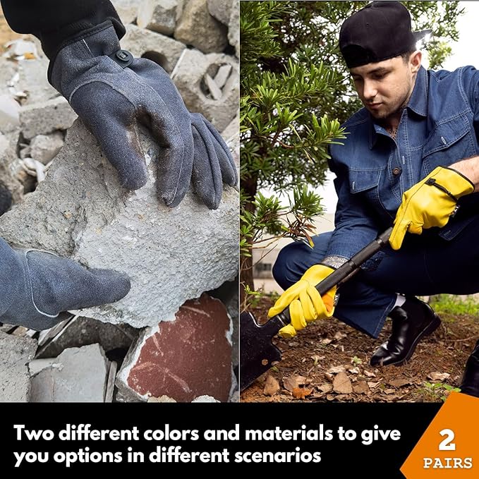 2 Pairs Leather Work Gloves for Men or Women, Non-fading Cowhide, for GardeningConstruction, Welding, Yardwork, driver