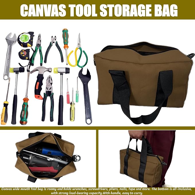 BLIRITEL Wide Mouth Tool Bag, Heavy Duty Canvas Tool Storage Bag, Large Capacity Handbag, Multi-function Tool Organizer Tote Bag for Storage Wrenches Pliers (Tan, 12 Inch)