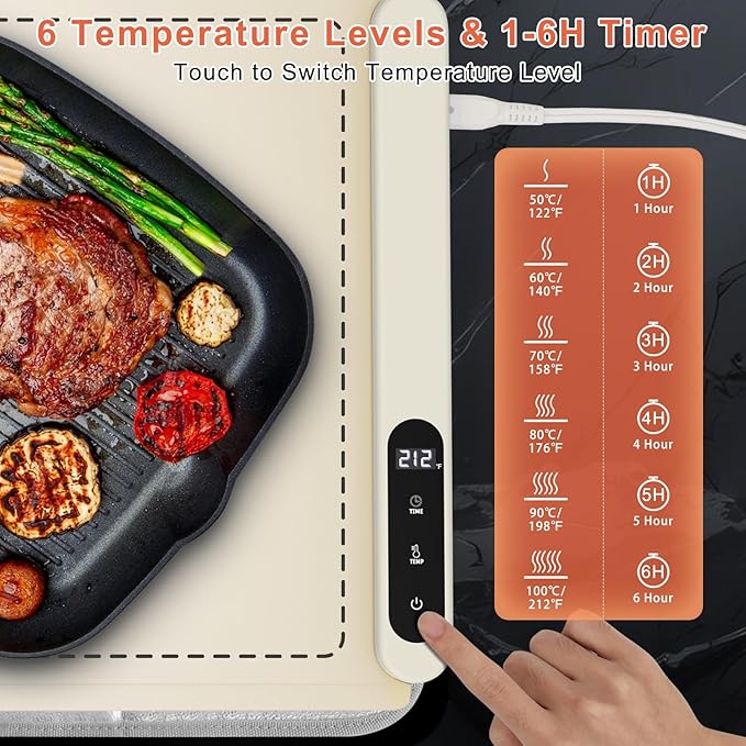 FYY Extra Long Warming Mat for Food with Heat Resistant Pad, Prevent Countertop Cracks, Keep Meal Warm, Rapid and Full Surface Heating, 6 Temp Settings, 6H Timer, Rollable Portable Food Warmer, Beige