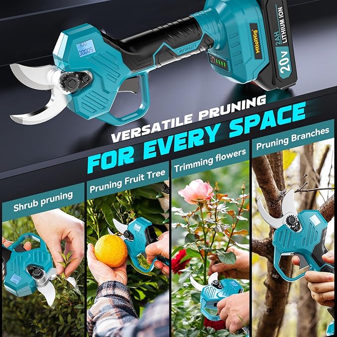 Electric Pruning Shears, 0.8-2 Inch Cutting Diameter Brushless Electric Pruner with 2 x 2.0Ah Rechargeable Batteries, Cordless Electric Scissors - with LCD Display for Tree Branch