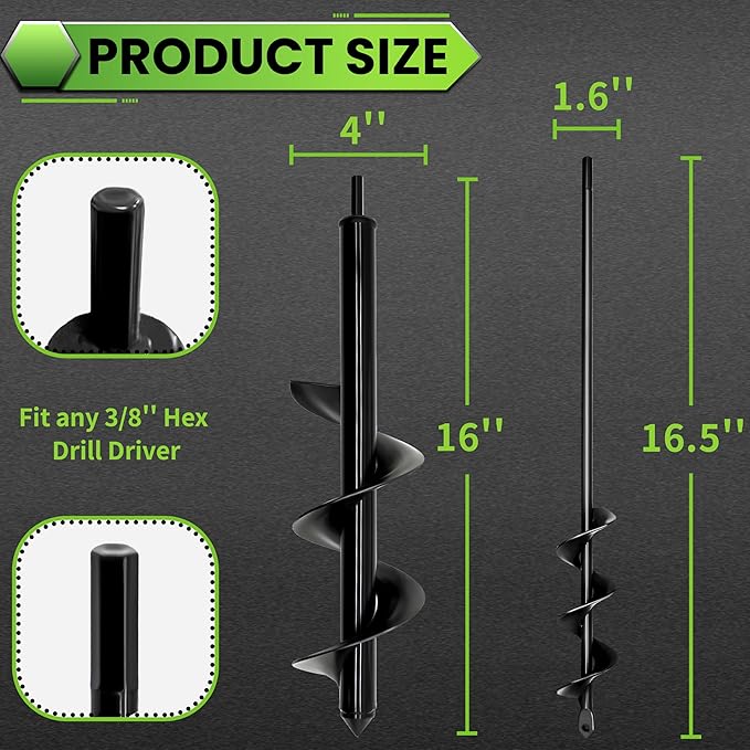 SYITCUN 4"x16"+1.6"x16.5" Auger Drill Bit for Planting, Heavy-Duty Post Hole Digger for Planting Bulbs - Compatible with 3/8" Hex Drive Drill