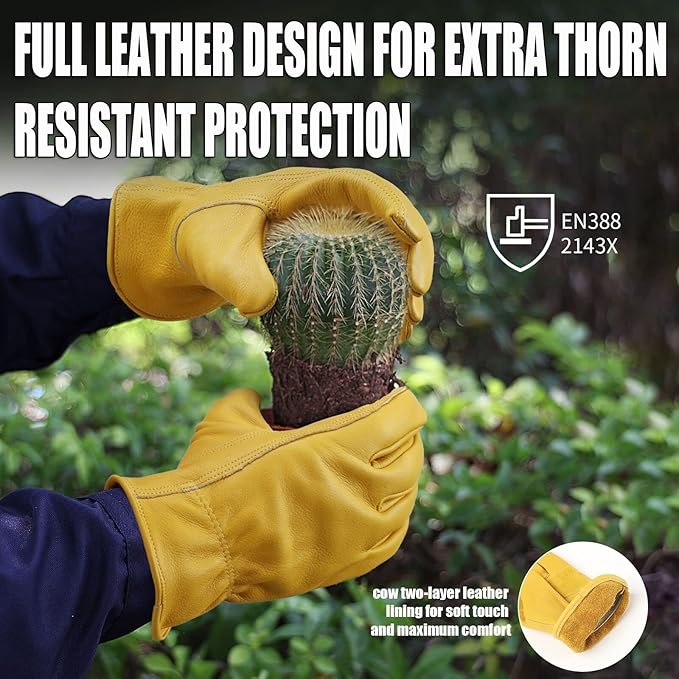 OZERO Gardening Work Gloves Men,1 Pair Insulated Heavy Duty Cut Resistant Thorn Proof Leather Cowhide Mens Women Mechanic Garden Gloves for Driving Welding-Medium