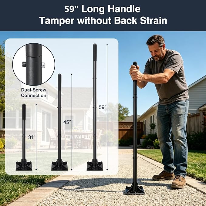 Heavy Duty Hand Tamper 8"x8" Steel Ground Tamper Tool – Manual Landscaping Tamping for Soil, Dirt, Concrete, Asphalt, Driveway & Pavement Repair, 58" Handle Garden Leveler