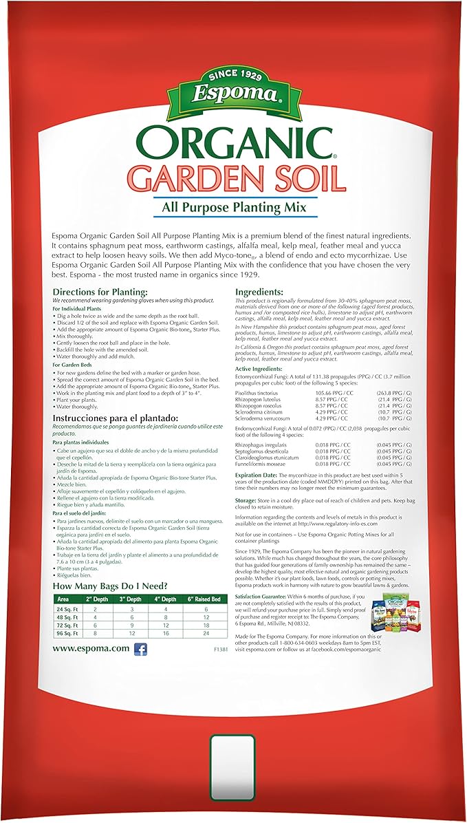Espoma Organic All-Purpose Garden Soil Natural and Organic in Ground Planting Mix. Use when Planting & Transplanting. For Organic gardening. 1 Cubic Foot Bag