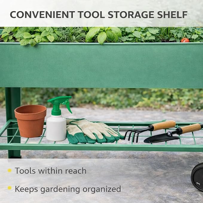InSideOut Elevated 40" Raised Garden Bed Outdoor with Wheels & Shelf for Mobility, Metal Planter Box for Vegetables/Herbs, Patio-Balcony-Backyard (Sage Green)