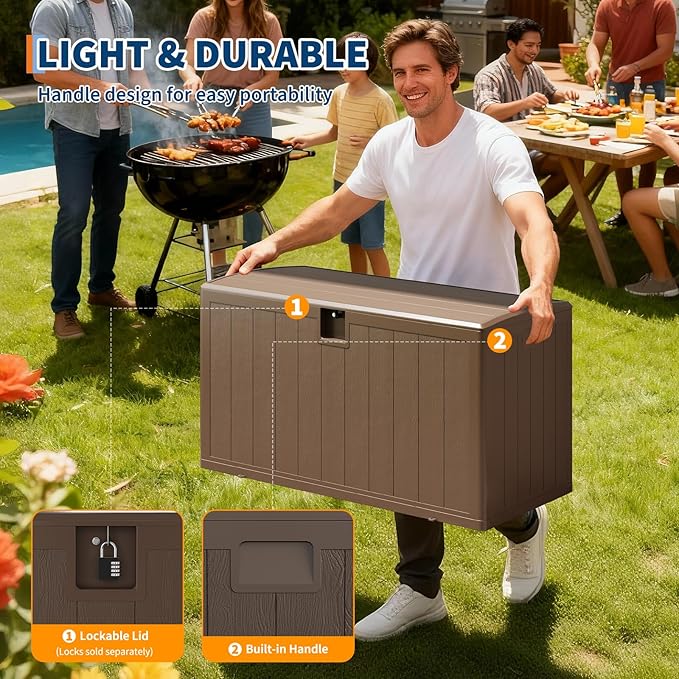 GarveeLife 130 Gallon Outdoor Storage Box, Large Resin Deck Box with Hydraulic Air Rod, Weatherproof & Lockable Outdoor Storage Bin for Patio Cushions, Garden Tools, Pool Supplies, Porch, Brown