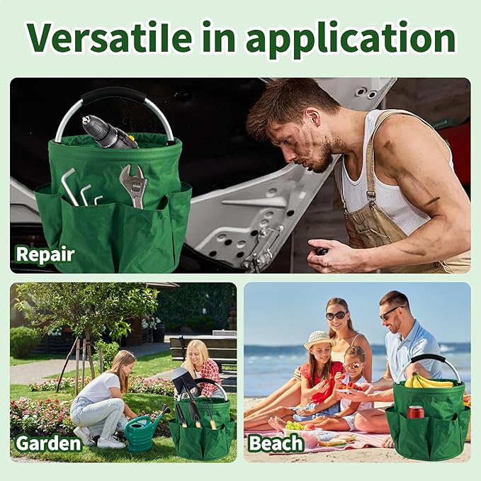 Gardening Storage Tote with Handle and 6 Pockets, Folding Garden Tool Basket, Storage Bag for Outdoor Picnic Organizer, 17L Cleaning Organizer, Bathroom Organizer, Garden Tool Kit Holder (Green)