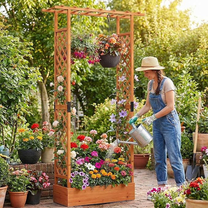 Giantex Wooden Raised Garden Bed with Trellis & Hanging Roof, 2 Pack Fir Wood Planter Box, 89” Freestanding Elevated Garden Bed for Outdoor Climbing Plants Vegetables Flowers, Patio & Balcony, Orange